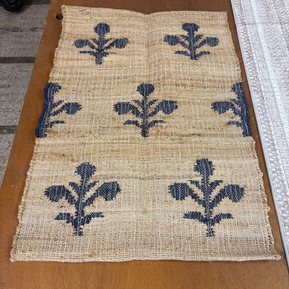 Natural Jute Accent Rug 2x3 Navy Blue Floral Boho Farmhouse Handwoven 24x35